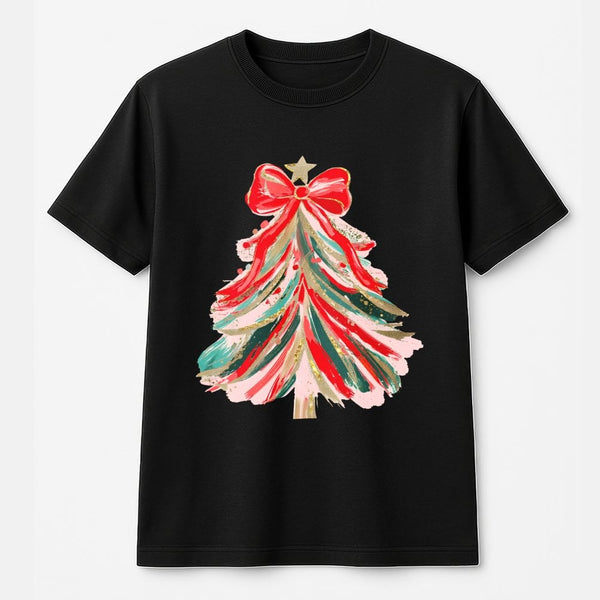 Abstract Painted Holiday Graphic Tee, Coquette Christmas Tree Shirt, Trendy Xmas Party T-Shirt, Festive Winter Graphic Top