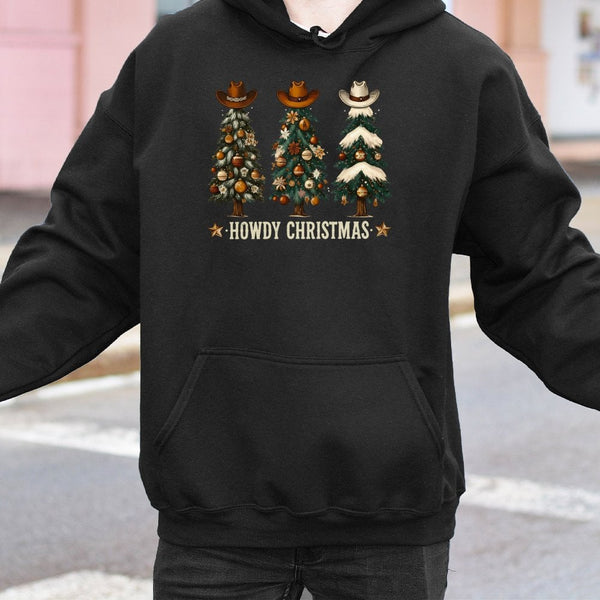 Howdy Christmas Cowboy Hat Sweatshirt, Western Christmas Tree Hoodie, Retro Cowgirl Holiday Pullover, Country Xmas Present fo