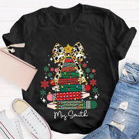 Bow and Colored Pencil Holiday Graphic Tee, Personalized Christmas Tree T-Shirt, Custom Teacher Christmas Shirt, Adorable School Holiday Tee