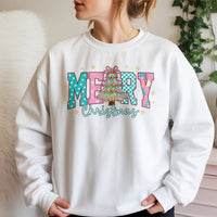 Pastel Checkered Tree Holiday Crewneck, Merry Christmas Sweatshirt, Adorable Aesthetic Xmas Sweater, Winter Holiday Pullover for Her