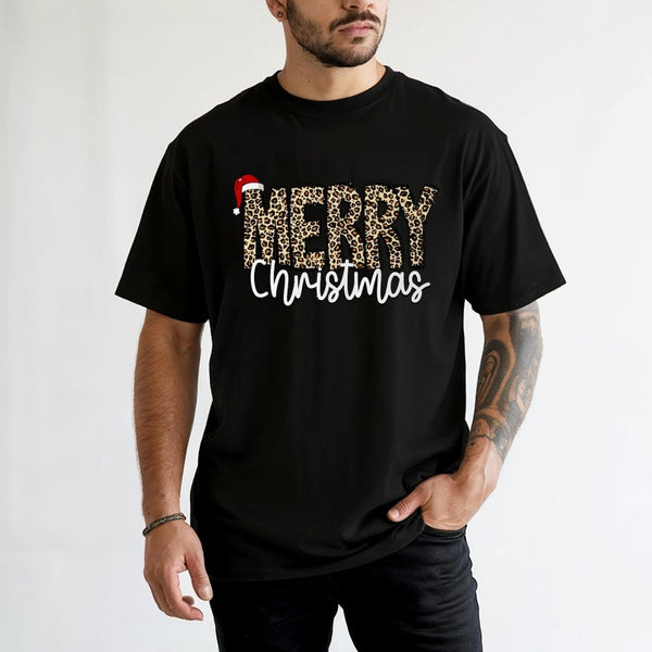 Trendy Holiday Graphic T-Shirt, Merry Christmas Leopard Print T-Shirt, Festive Winter Animal Print Shirt, Adorable Xmas Seaso