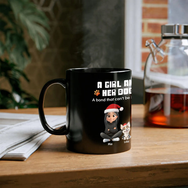 Adorable Holiday Dog Mom Coffee Mug, Girl and Her Dog Christmas Mug, 11oz 15oz Ceramic Xmas Coffee Cup, Winter Pet Lover Pres
