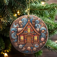 Swirl Holiday Ornament, Psychedelic Gingerbread House Ornament, Colorful Candy Cottage Ceramic Ornament, Christmas Tree Keepsake Present