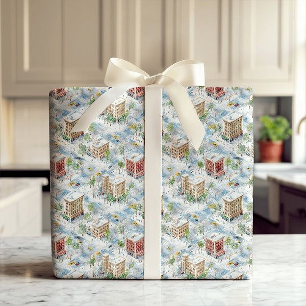Watercolor Snowy Urban Street Gift Wrap, Winter City Christmas Wrapping Paper, Isometric Cityscape Wrapping Paper Roll, Holid