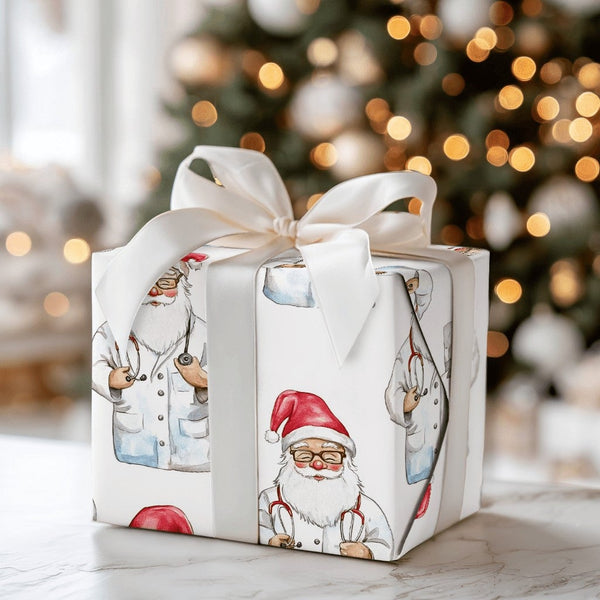 White Lab Coat Christmas Gift Wrap, Doctor Santa Wrapping Paper, Watercolor Medical Santa Wrapping Paper, Nurse Doctor Holida