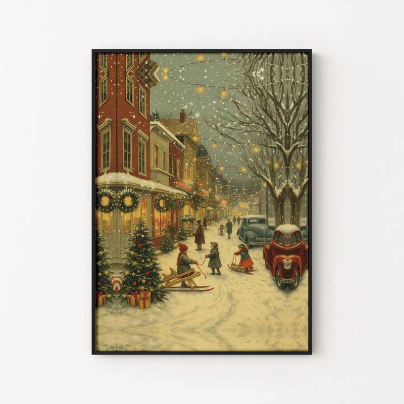 Snowy Holiday Town Wall Poster, Vintage Christmas Street Scene Poster, Festive Winter Lights Art Print, Xmas Home Wall Decor