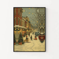 Snowy Christmas Village Wall Art, Vintage Christmas Street Scene Poster, Retro Holiday Town Print, Comfy Christmas Poster, Digital Download