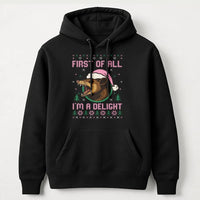 Humorous Opossum Christmas Hoodie, First of All I'm A Delight Opossum Hoodie, Retro Possum Holiday Sweatshirt