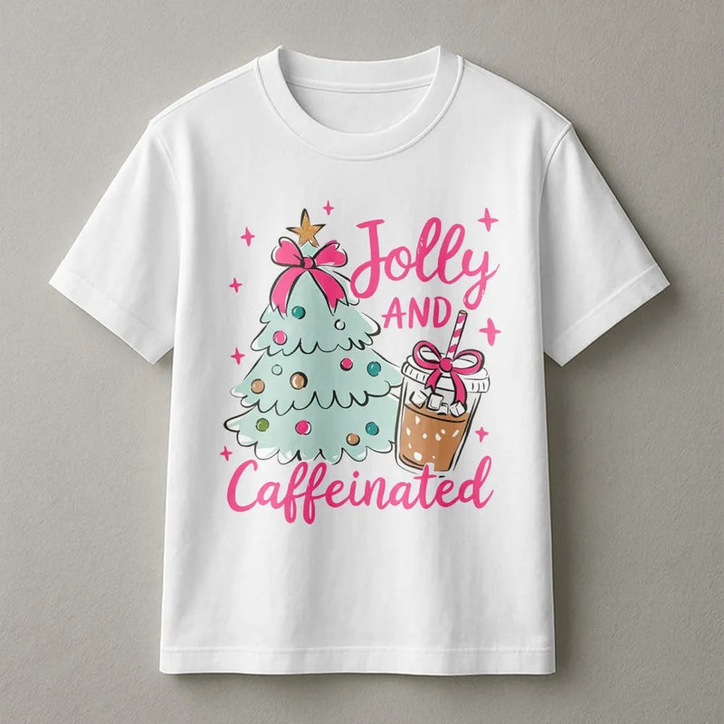 Christmas Coffee Graphic Tee, Jolly and Caffeinated Shirt, Retro Christmas Tree T-Shirt, Holiday Coffee Lover Tee, Festive Xmas Present