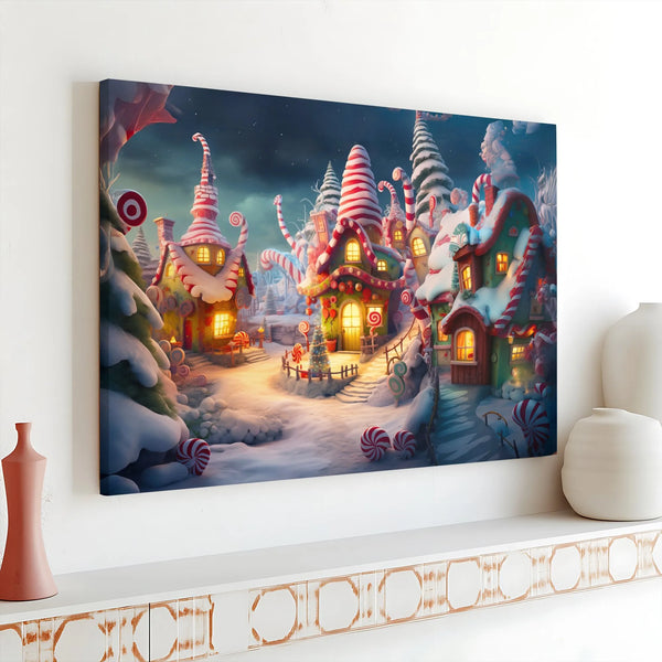 Gingerbread House Canvas Print, Whimsical Christmas Candy Village Canvas Art, Adorable Holiday Wall Poster, Festive Winter Ho