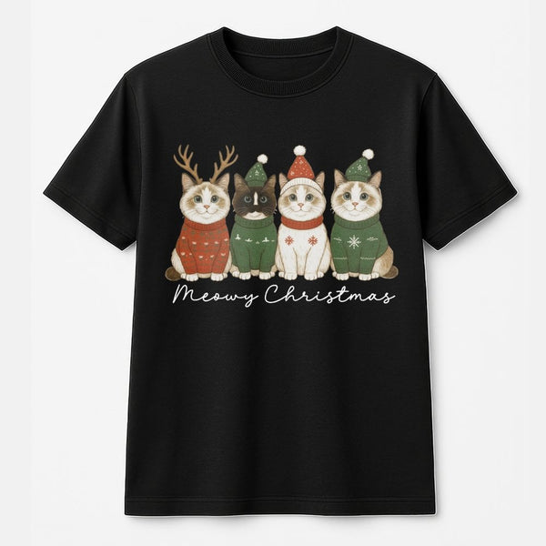 Adorable Kittens in Sweaters Tee, Meowy Christmas Cat T-Shirt, Humorous Winter Cat Lover T-Shirt, Festive Graphic Cat Shirt, 