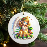 Christmas Angel Ornament, Adorable Cherub with Stocking Ornament, Ceramic Cherub Holiday Ornament, Angel Tree Keepsake, Holiday Decor Present