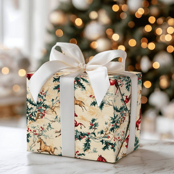 Equestrian Holiday Holly Gift Wrap, Vintage Horse Christmas Wrapping Paper, Country Snowflake Wrapping Paper, Horse Lover Pre