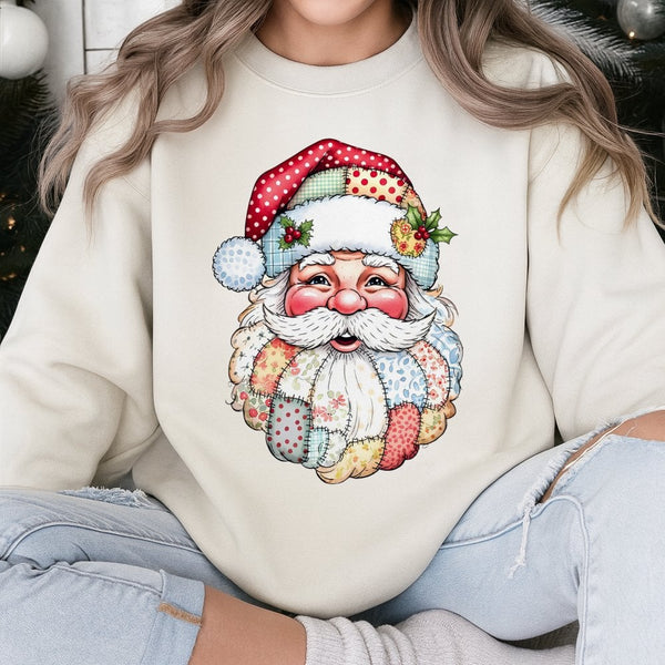 Vintage Quilt Style Santa Sweatshirt, Patchwork Santa Sweatshirt, Retro Holiday Crewneck Sweatshirt, Comfy Christmas Pullover