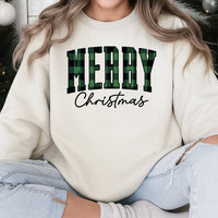 Green Plaid Varsity Letter Crewneck, Merry Christmas Sweatshirt, Comfy Holiday Season Pullover, Winter Xmas Graphic Sweater