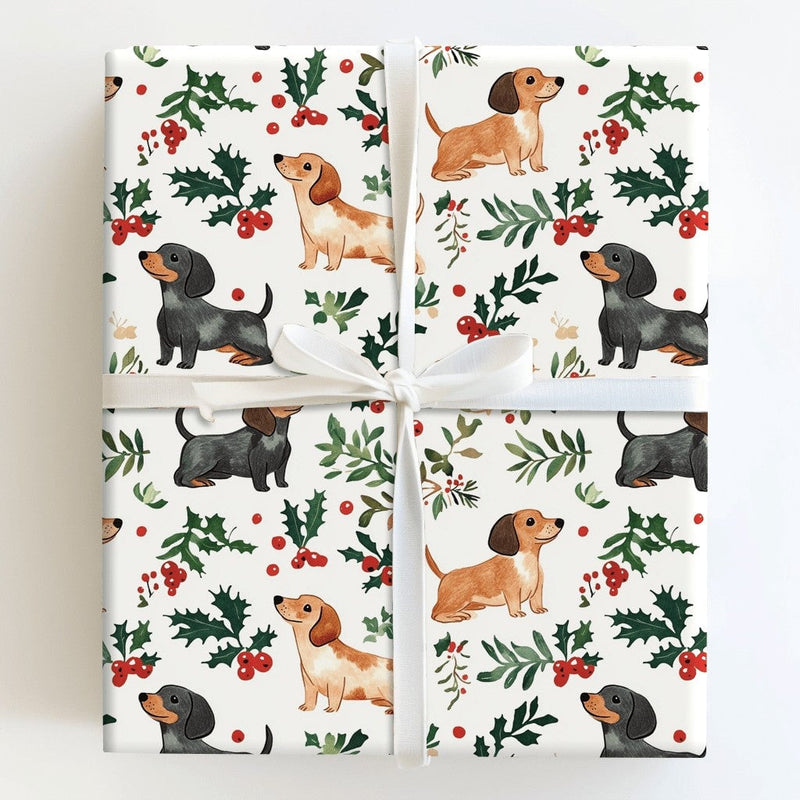 Dog Holiday Gift Wrap, Dachshund Christmas Wrapping Paper, Adorable Puppy Present Paper, Festive Holly Berry Present Wrap, Dog Lover Xmas Decor