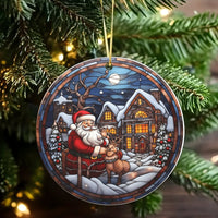 Snowy Village Christmas Ornament, Stained Glass Santa Claus Ornament, Ceramic Winter Holiday Tree Decor, Traditional Santa Keepsake Present
