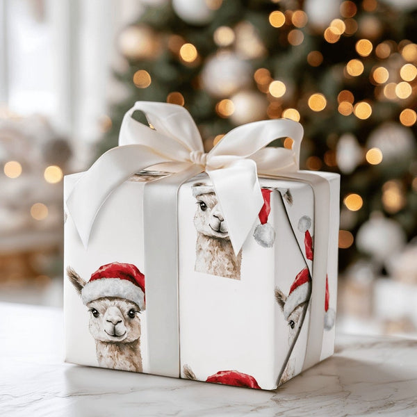 Watercolor Santa Hat Gift Wrap, Llama Christmas Wrapping Paper, Adorable Llama Wrapping Paper Roll, Holiday Wrapping Paper