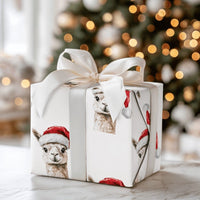 Watercolor Santa Hat Gift Wrap, Llama Christmas Wrapping Paper, Adorable Llama Wrapping Paper Roll, Holiday Wrapping Paper