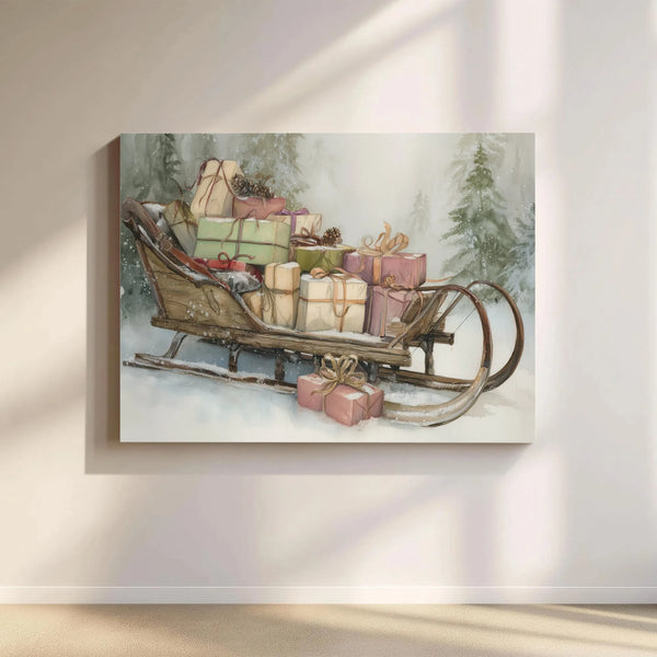 Snowy Forest Holiday Wall Art, Vintage Christmas Sleigh Canvas Print, Festive Winter Sleigh Canvas, Christmas Presents Wall D