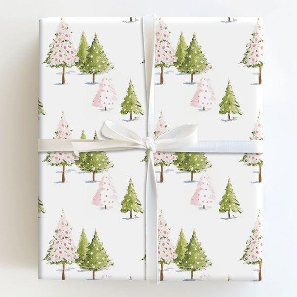 Pink Green Trees Holiday Wrapping Paper, Watercolor Christmas Tree Wrapping Paper, Festive Xmas Wrapping Paper Roll, Modern W