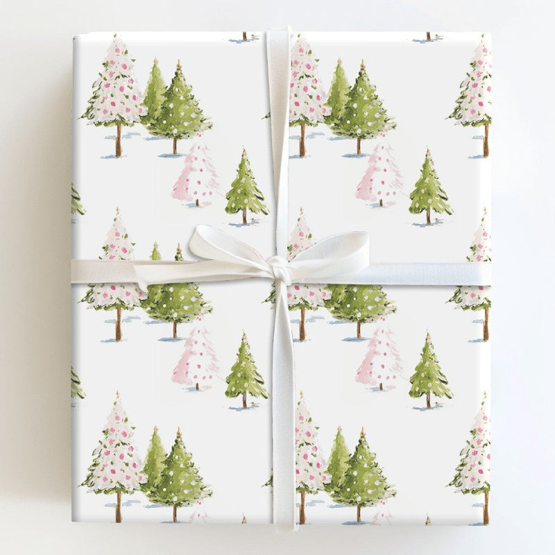 Pink Green Trees Holiday Wrapping Paper, Watercolor Christmas Tree Wrapping Paper, Festive Xmas Wrapping Paper Roll, Modern Winter Gift Wrap