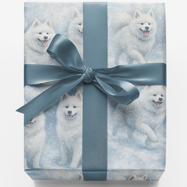 Winter Holly Christmas Gift Wrap Roll, American Eskimo Dog Wrapping Paper, Snowy Pet Breed Holiday Wrapping Paper, Dog Lover 
