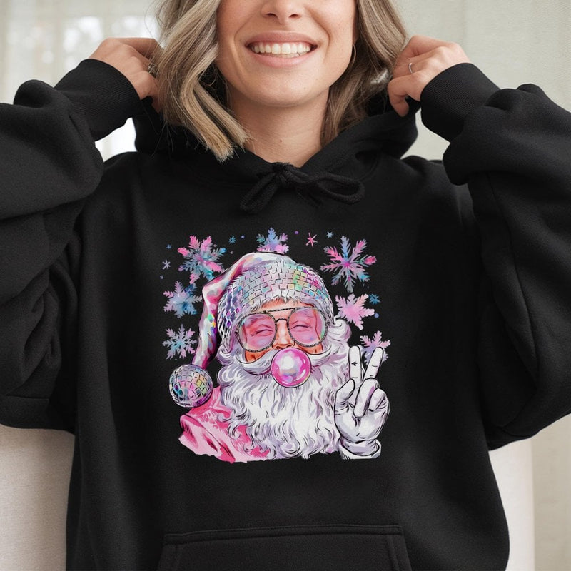 Retro Bubble Gum Peace Sign Christmas Sweatshirt, Disco Santa Hoodie, Humorous Groovy Xmas Santa Pullover, Holiday Party Hooded Sweater