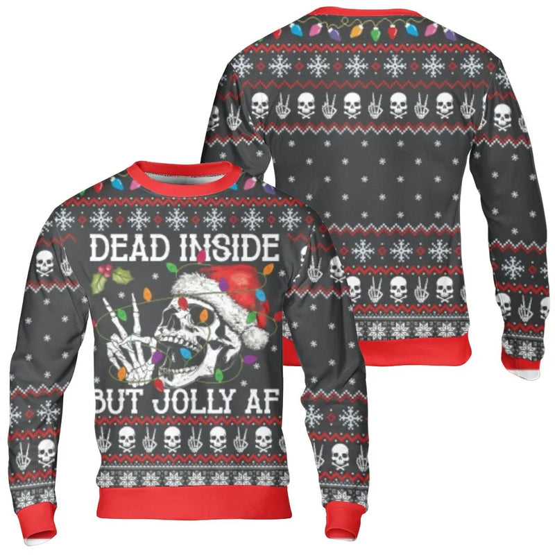 Humorous Skull Santa Christmas Sweatshirt, Dead Inside but Jolly AF Sweatshirt, Sarcastic Ugly Sweater, Dark Humor Holiday Sweatshirt Xmas Present