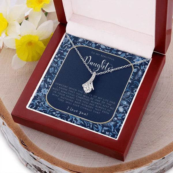 Cubic Zirconia Ribbon Pendant Necklace, To My Daughter Sparkling Ribbon Necklace, Birthday Christmas Jewelry from Mom and Dad