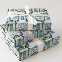 Holiday Front Door Gift Wrap, Blue Toile Christmas Wrapping Paper, Winter Wreath Festive Wrapping Paper, Elegant Xmas Gift Wrapping Paper