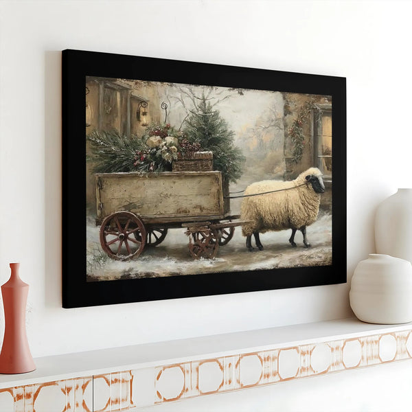 Rustic Farmhouse Christmas Canvas, Winter Sheep Canvas Wall Art, Holiday Sheep Canvas Print, Farm Animal Winter Scene Canvas 