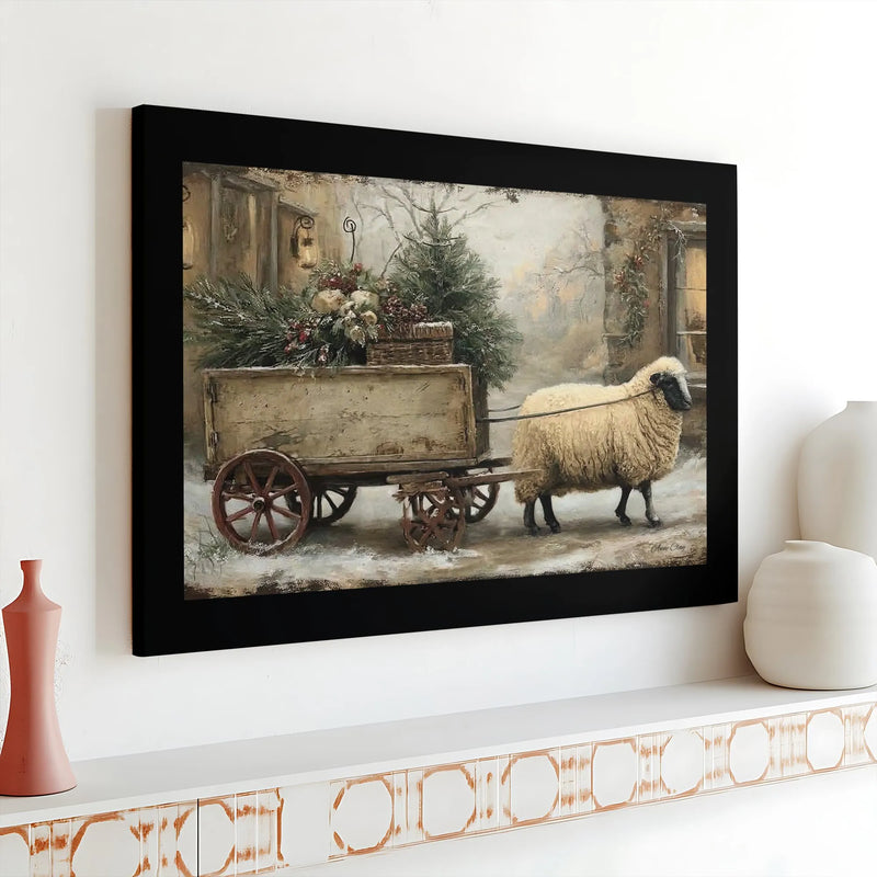 Farmhouse Christmas Wall Art, Winter Sheep Canvas Print, Rustic Holiday Sheep Poster, Country Farm Animal Digital Download Decor Art