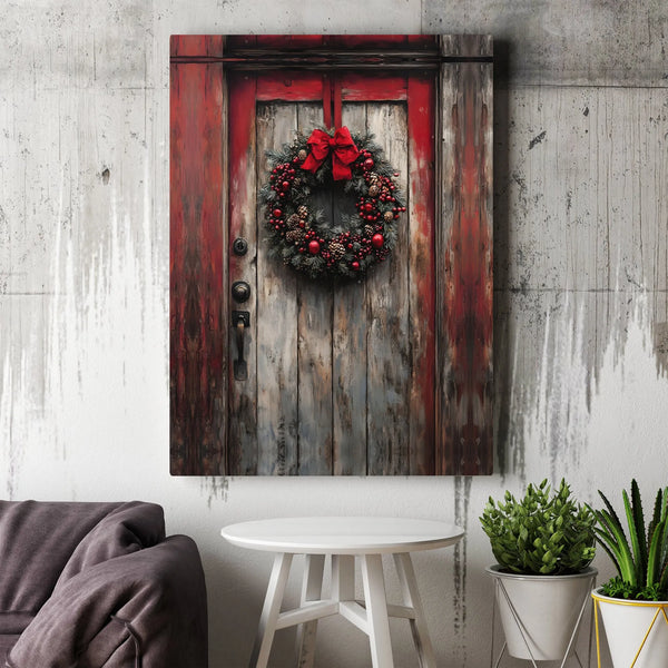 Red Wreath Farmhouse Canvas Print, Rustic Christmas Door Canvas Wall Art, Winter Holiday Decor Canvas, Country Xmas Wall Art 