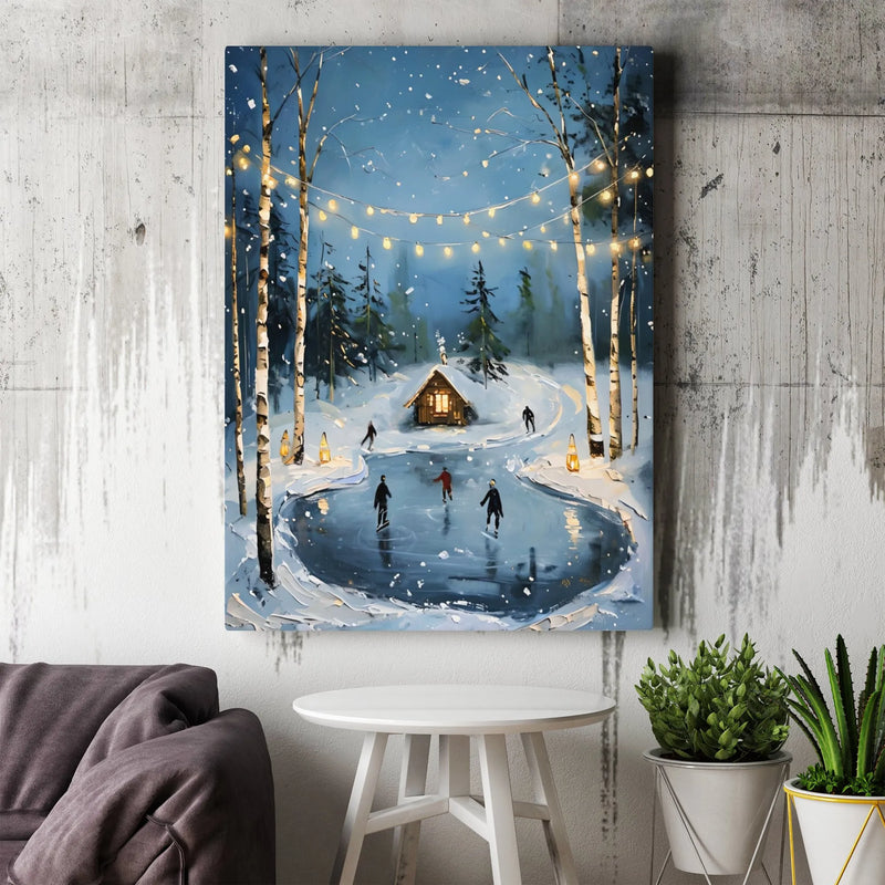 Snowy Forest Cabin Canvas Art, Winter Ice Skating Canvas, String Lights Cottage Canvas Print, Holiday Season Wall Decor, Comfy Christmas Present