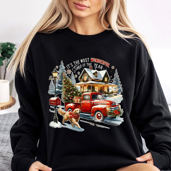 Vintage Red Truck Holiday Sweater, Christmas Golden Retriever Sweatshirt, Retro Dog Lover Crewneck, Winter Xmas Dog Pullover,