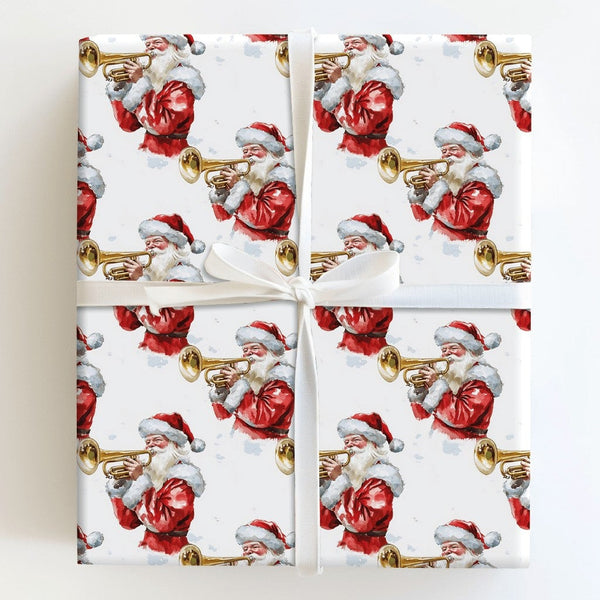 Christmas Musician Wrapping Paper Roll, Watercolor Santa Trumpet Wrapping Paper, Vintage Santa Gift Wrap, Holiday Music Wrapp