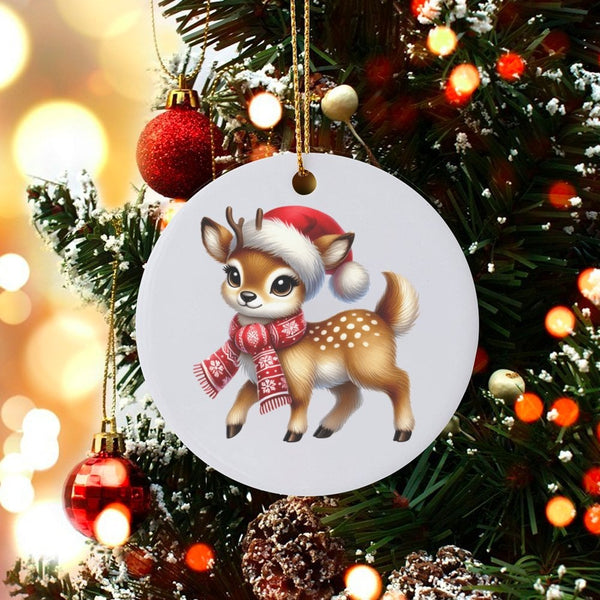 Santa Hat Scarf Woodland Ceramic Ornament, Baby Deer Reindeer Christmas Ornament, Adorable Fawn Tree Keepsake Ornament, Holid