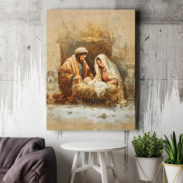 Snowy Holy Family Canvas Print, Nativity Scene Canvas Wall Art, Christian Christmas Wall Decor, Religious Holiday Season Canv