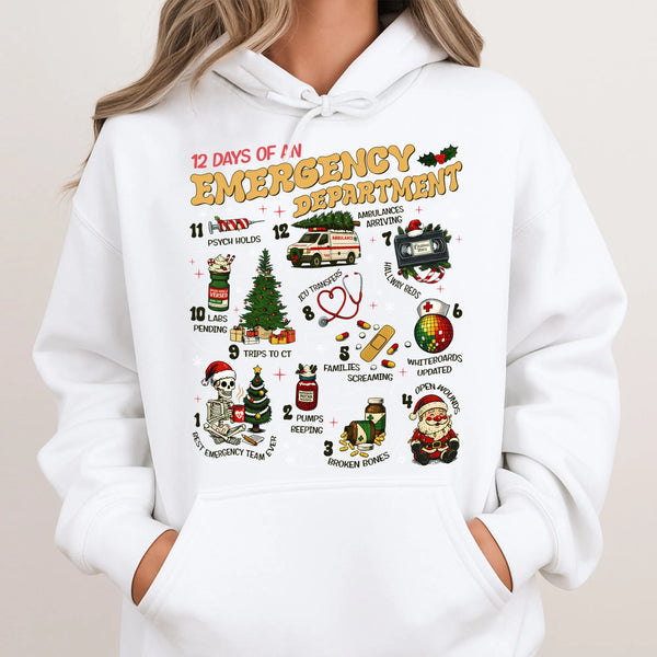 Humorous ER Nurse Christmas Hoodie, 12 Days of Emergency Department Hoodie, Medical Staff Holiday Hooded Sweatshirt, ER Docto