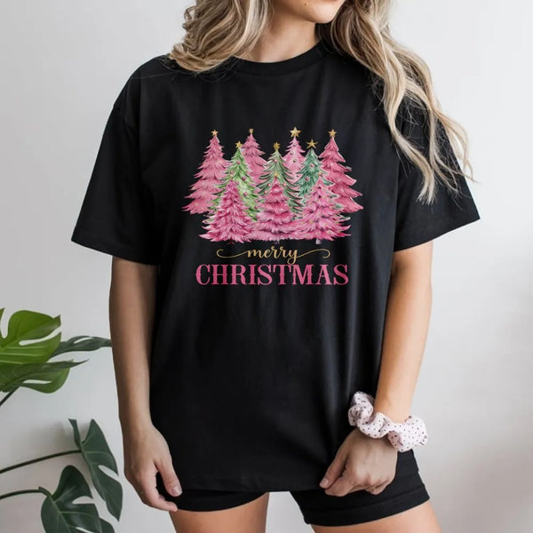 Watercolor Festive Holiday T-Shirt, Pink Christmas Tree T-Shirt, Adorable Merry Christmas Shirt, Girly Pastel Xmas Graphic Te