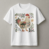 Folk Art Rooster Holiday Graphic Tee, Christmas Chicken T-Shirt, Farmhouse Winter Country T-Shirt, Festive Chicken Lover Xmas Present