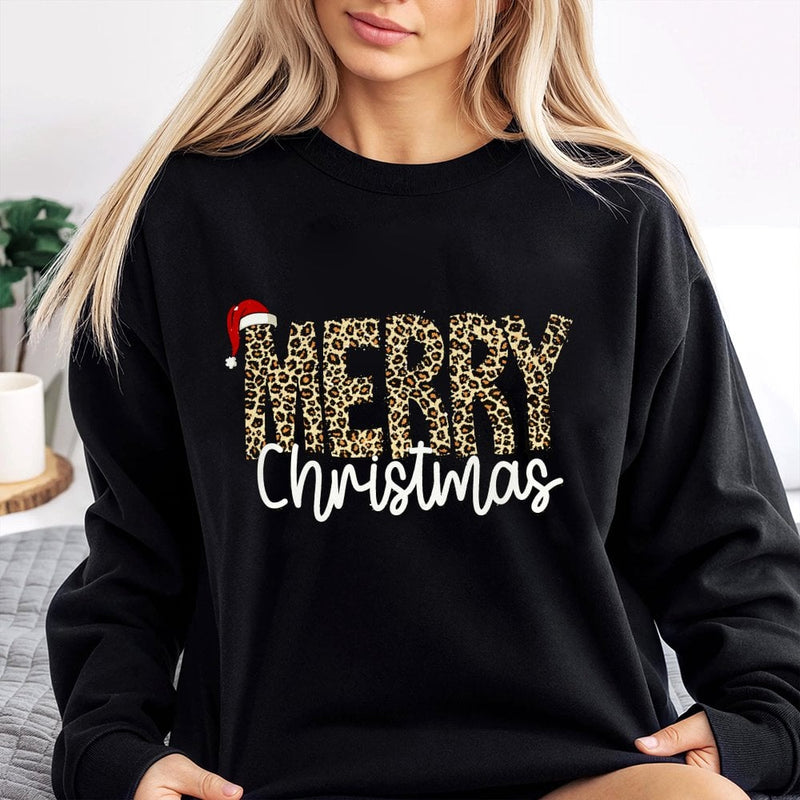 Leopard Print Holiday Crewneck, Merry Christmas Sweatshirt, Festive Graphic Sweater, Comfy Winter Xmas Pullover, Christmas Present for Women