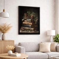 Christmas Holly Canvas Print, Vintage Book Stack Canvas Wall Art, Holiday Still Life Wall Decor, Comfy Winter Bookish Home Decor Canvas Art