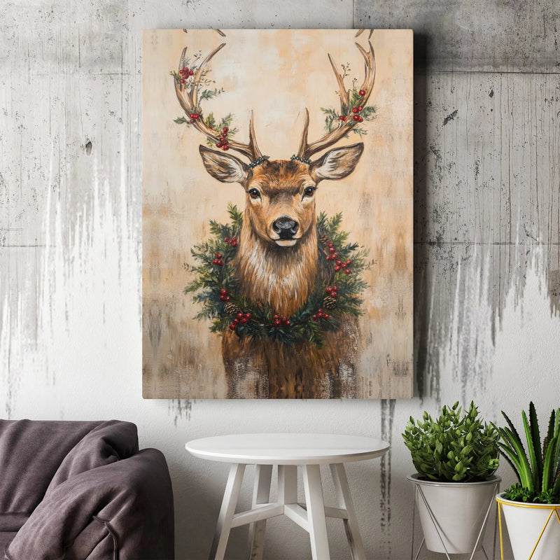 Rustic Stag Holly Wreath Print, Christmas Deer Canvas Wall Art Printable, Farmhouse Holiday Decor, Winter Digital Download