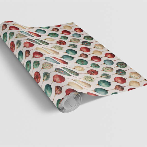 Vintage Heirloom Holiday Gift Wrap Roll, Watercolor Ornament Christmas Wrapping Paper, Colorful Festive Present Paper, Retro 