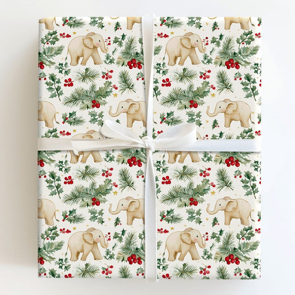Watercolor Holly Elephant Gift Wrap, Baby Elephant Wrapping Paper, Adorable Christmas Elephant Wrapping Paper, Holiday Baby S