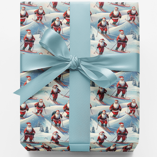 Snowy Mountain Holiday Wrapping Paper, Skiing Santa Christmas Wrapping Paper, Winter Sports Gift Wrap, Ski Lover Christmas Pr