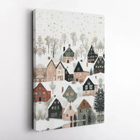 Watercolor Christmas Town Canvas Print, Snowy Winter Village Canvas Wall Art, Gold Snowfall Holiday Canvas, Festive Winter Wall Decor