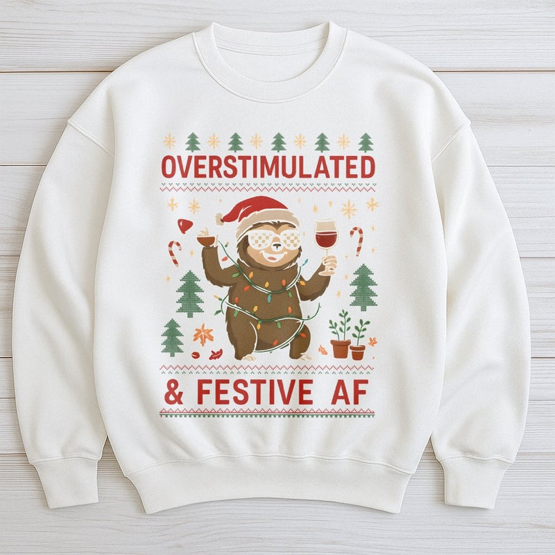 Humorous Wine Christmas Sweatshirt, Overstimulated Sloth Sweatshirt, Adorable Sloth Holiday Crewneck, Comfy Animal Pullover Sweater, Xmas Present